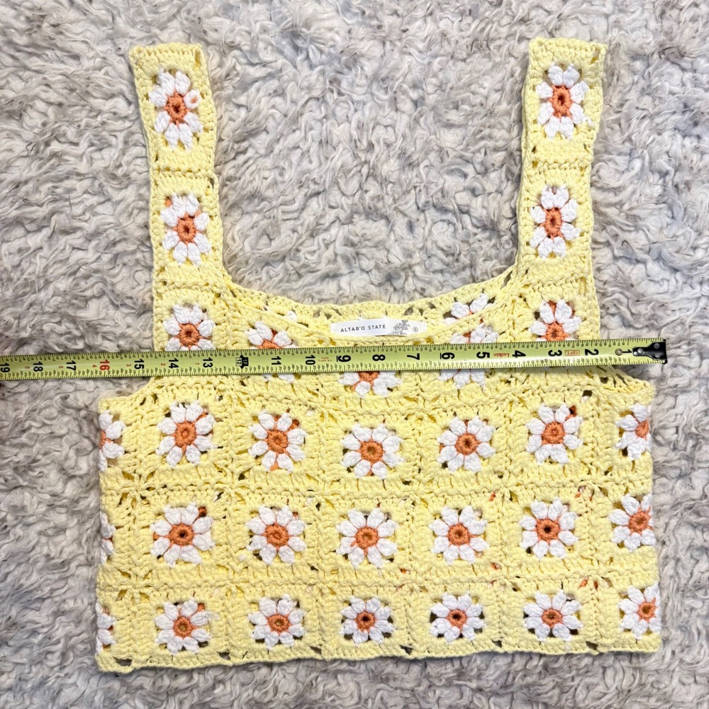 Altar'd State Yellow Daisy‎ Crochet Crop Top Boho Floral Knit Tank Womens Small - Picture 6 of 10
